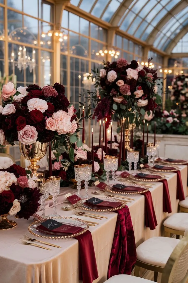 Long reception table with crimson runners, roses and candles